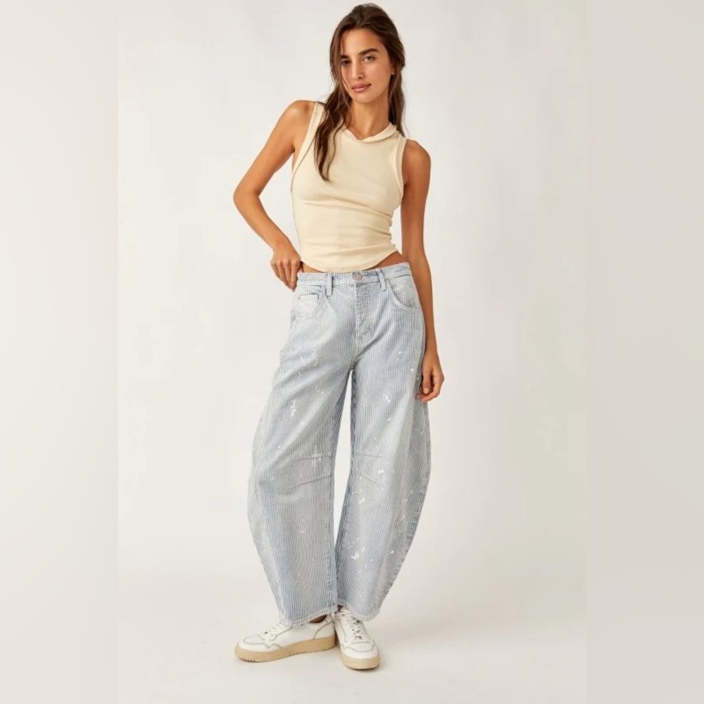 Free People We The Free Good Luck Mid-Rise Stripe Barrel Jean - Size 25 - NWT